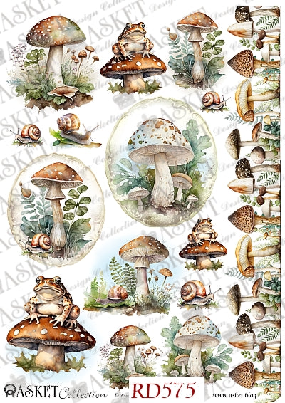 A sheet of vintage-style illustrated mushrooms, frogs, snails, and foliage arranged on a white background, with repeated watermark text and the text 'ASKET Collection RD575' at the bottom.