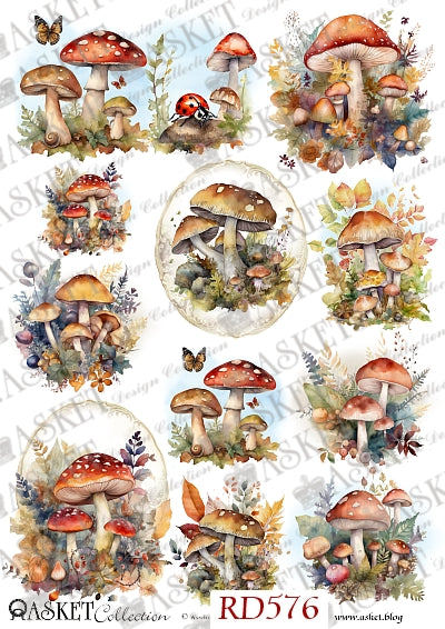 A sheet of watercolor-style mushroom illustrations arranged on a white background, with decorative autumn foliage, butterflies, and a ladybug. The sheet includes printed text reading 'ASKET collection', 'RD576', and 'www.