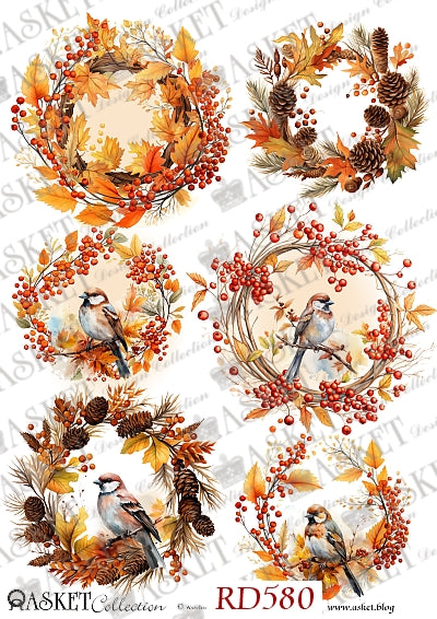 A sheet of six autumn-themed decorative designs featuring bird wreaths with pinecones, red berries, maple leaves, and small birds, shown on a white background with repeated watermark text and the text 'RD580' and 'ASKET Collection' at the bottom.