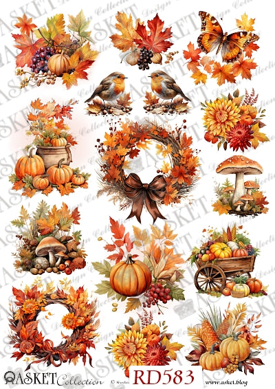 A sheet of autumn-themed digital clipart or sticker designs featuring watercolor illustrations of fall leaves, pumpkins, robins, mushrooms, flowers, and wreaths on a white background with a faint repeating watermark. Asket Collection
