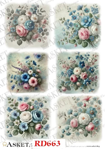 Six vintage-style floral bouquets in soft pastel colors, arranged on a white background with repeated Asketa watermarks and the text 'ASKETA RD663' at the bottom.