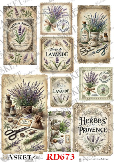 A collage of vintage-style lavender and herb illustrations with French text such as 'Herbes de Provence,' 'Lavande,' and 'Herb Lavande.' The design includes illustrated bouquets, bottles, scissors, stamps, and aged paper textures. Asket collection