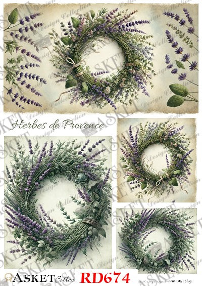 A collage of four vintage-style Provence herb wreaths with lavender, green foliage, and small flowers on a distressed cream background. The image includes the text 'Herbes de Provence' and a red label reading 'ASKET & Moss RD674' at the bottom.