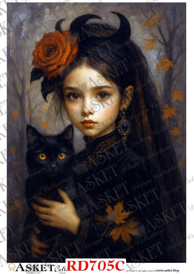 A gothic-style portrait painting of a young girl with dark horns, a large orange rose in her hair, and a black cat on her shoulder, set against a dark forest background with falling leaves. The image includes repeated 'ASKET' watermarks and a 'RD705C' code at the bottom.