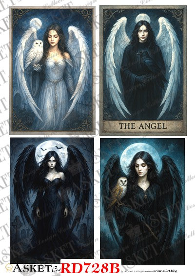 Four gothic art prints featuring dark angels, shown in a 2x2 grid. The top-left print shows a pale angel with white wings holding an owl. Asket Collection