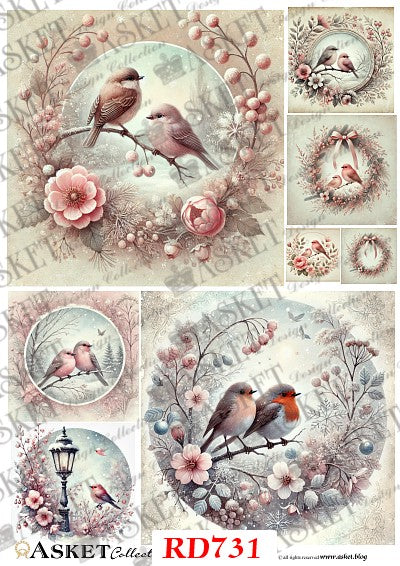 A collage of vintage-style bird illustrations with floral wreaths, pink blossoms, and small birds in circular frames. The design includes multiple coordinated motifs and a visible watermark reading ASKET collection, with the text RD731 near the bottom.