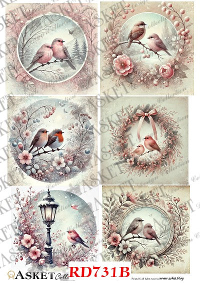 A collage of six vintage-style bird and floral illustrations with circular frames, wreaths, blossoms, and a small street lamp. The artwork uses soft pink, beige, gray, and muted brown tones. Asket Collection