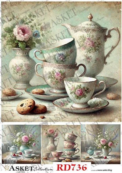 Vintage-style tea set artwork featuring a teapot, teacups, saucers, and a floral vase with pink flowers on a tabletop, with cookies in the foreground. The image includes a large central scene and three smaller preview thumbnails along the bottom with the text 'ASKET Collection' and 'RD736'.