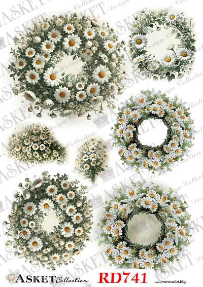 A collage of six floral wreath designs featuring white daisies with yellow centers and green foliage on a white background, with repeated 'ASKET Collection' watermarks and the text 'ASKET Collection RD741' at the bottom.