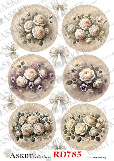 A sheet of decorative floral stickers or decals featuring six circular vintage-style rose bouquets in soft cream, beige, muted green, and small purple accents, arranged on a white background with bow motifs and printed text reading AASKET Collection RD785.