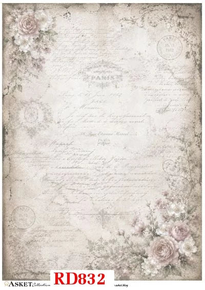 Vintage-style decorative paper design with faded cursive script, distressed texture, and soft floral illustrations in the corners. A red label at the bottom reads RD832, with small ASKET Collection branding visible.