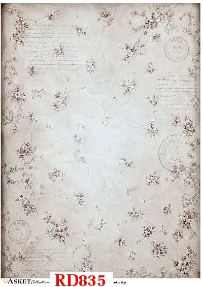 Vintage-style floral wallpaper pattern with aged beige paper texture, faded script, and scattered small flowers. A red 'RD835' label and small 'ASKET Collection asktheblog' text appear at the bottom.