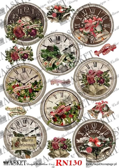 A sheet of vintage Christmas-themed decorative stickers or decals featuring multiple round clocks with Roman numerals, floral arrangements, red bows, bells, and holiday banners. The image includes a watermark pattern and branding text at the bottom: 'ASKET Design Collection', 'RN130', and 'Positively Decoupage'.