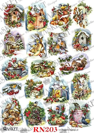 A sheet of 20 vintage-style winter bird illustrations with holly, birds, nests, and small cottages, arranged in a grid on a white background with a watermark and the text 'AASKET Collection RN203' at the bottom.