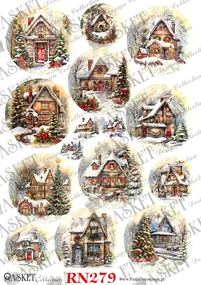 A sheet of 15 circular Christmas village illustrations featuring cozy snow-covered houses, evergreen trees, wreaths, and warm glowing windows, with the text 'ASKET Collection RN279' at the bottom.