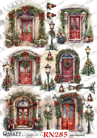 A collage sheet featuring eight vintage-style Christmas front door illustrations, each decorated with green garlands, red bows, wreaths, red doors, snow, potted plants, and black lanterns. The sheet includes a watermark pattern and the text 'ASKET Collection RN285' at the bottom.