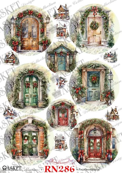 A sheet of vintage Christmas-themed paper cutouts or decals featuring multiple illustrated holiday doorways with garlands, wreaths, red bows, snow, and small cottage scenes. The sheet includes a watermark pattern and the text 'ASKET Collection RN286' at the bottom.