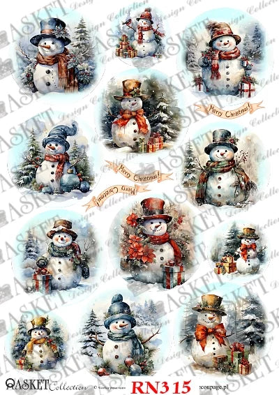 A sheet of Christmas snowman decoupage designs featuring multiple illustrated snowmen in winter hats and scarves, surrounded by snowy trees and gifts, with a watermark overlay and the text 'ASKET Collection' and 'RN3 15'.