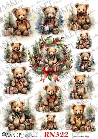 A sheet of Christmas-themed teddy bear illustrations with multiple brown teddy bears in holiday poses, wreaths, gifts, and evergreen trees. The sheet has a white background with repeated watermark text and the text 'RN322' and 'ASKET Collection' at the bottom.