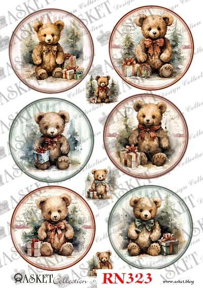 A sheet of decorative paper featuring six illustrated teddy bear holiday designs in oval frames, with small teddy bear motifs between the panels. The sheet includes repeated 'ASKET Collection' watermark text and the code RN323 near the bottom.
