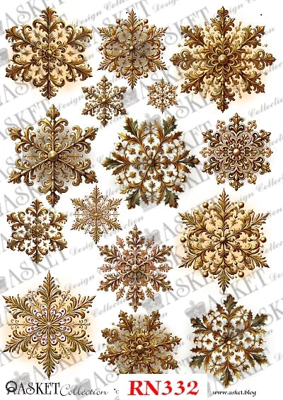 A sheet of ornate snowflake designs in metallic gold and beige tones, arranged on a white background with repeated watermark text. The sheet includes multiple detailed baroque-style snowflakes, with the text 'ASKET Collection RN332' and a website at the bottom.