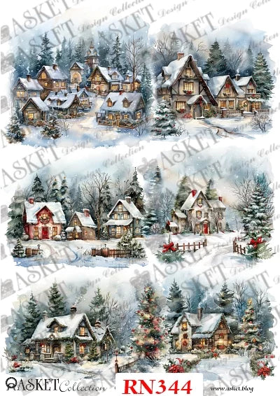 A sheet of watercolor winter village designs with multiple scenes of snow-covered cottages, evergreen trees, fences, and small figures, overlaid with repeated ASKET Collection branding and labeled RN344.