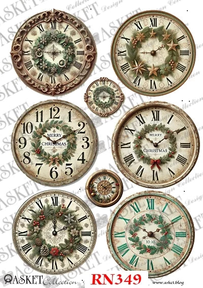 A collage of eight vintage-style Christmas wall clocks with Roman numerals, wreath motifs, and holiday text, shown on a white background with repeated watermark text and the code RN349. Asket Collection
