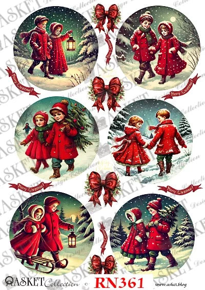 A sheet of vintage-style Christmas illustrations featuring six circular scenes of children in red winter coats walking through snowy landscapes, with red bows and ribbons and the text 'Merry Christmas' and 'ASKET Collection RN361'.