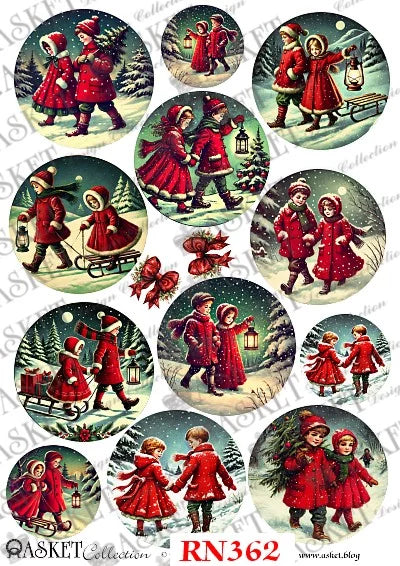 A sheet of vintage-style Christmas circular stickers or decals featuring children in red winter coats walking through snowy winter scenes with trees, lanterns, sleds, and bows. The sheet includes multiple round illustrations and a watermark reading 'ASKET Collection' with 'RN362' and a website at the bottom.
