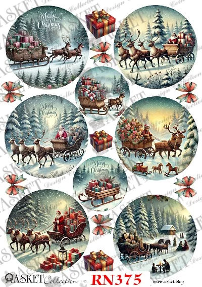 A sheet of Christmas-themed circular decals or prints featuring festive winter scenes with sledding reindeer, Santa Claus, gifts, snow-covered trees, and red bow accents. The sheet includes multiple round designs arranged on a white background with watermark text and the code RN375 at the bottom. Asket Collection