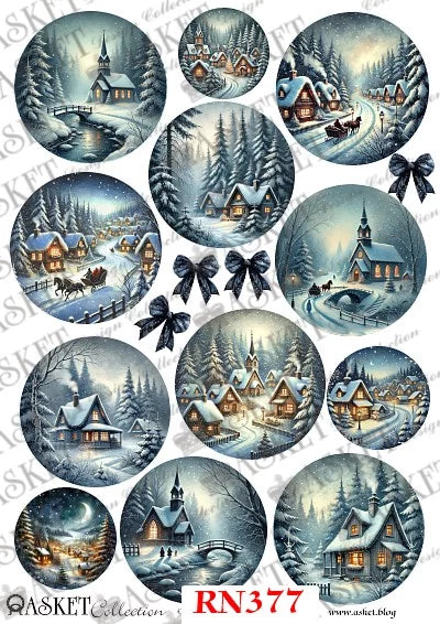 A sheet of circular winter village illustrations with snowy cabins, churches, trees, bridges, and sleighs, arranged on a white background with repeated watermark text and a red RN377 label at the bottom. Asket Collection