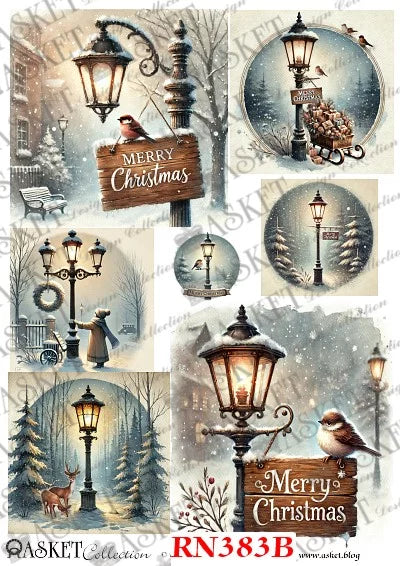 A collage of Christmas-themed winter illustrations featuring vintage street lamps, snowy trees, birds, and wooden signs reading 'Merry Christmas.' The artwork appears to be a digital design sheet or print preview with repeated watermark text across the composition. Asket Collection