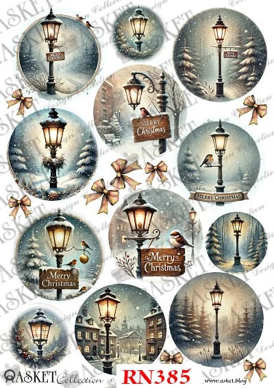 A sheet of Christmas-themed decorative stickers or decals featuring vintage street lamps in snowy winter scenes, with ornaments, bows, and 'Merry Christmas' signs. The sheet has a white background with a repeating watermark and the text 'ASKET Collection' and 'RN385' at the bottom.