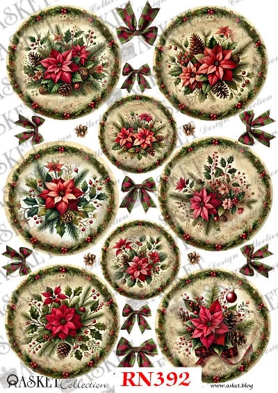 A sheet of Christmas-themed decorative decals or stickers featuring multiple round floral medallions with red poinsettias, green holly, pinecones, and ribbon bows on a light background. The sheet includes branding text at the bottom: 'ASKET Collection', 'RN392', and a website URL.