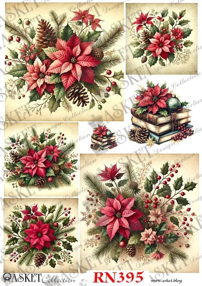 A collage of six vintage-style Christmas floral and botanical designs featuring red poinsettias, pinecones, holly leaves, evergreen branches, and small books on a cream background. Watermarks and the text 'ASKET Collection RN395 www.