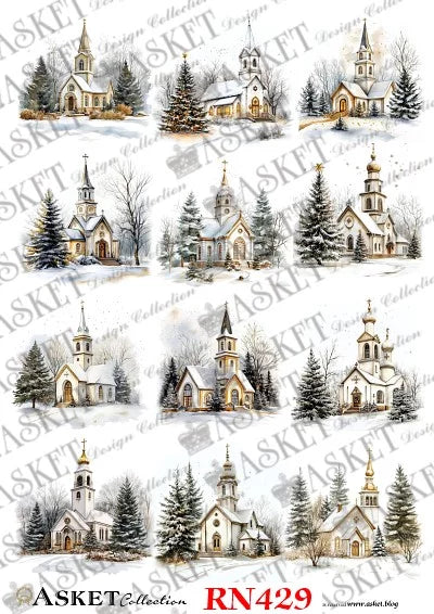 A sheet of watercolor-style Christmas church illustrations with snowy trees, shown as a design preview with repeated ASKET watermark text and the code RN429.
