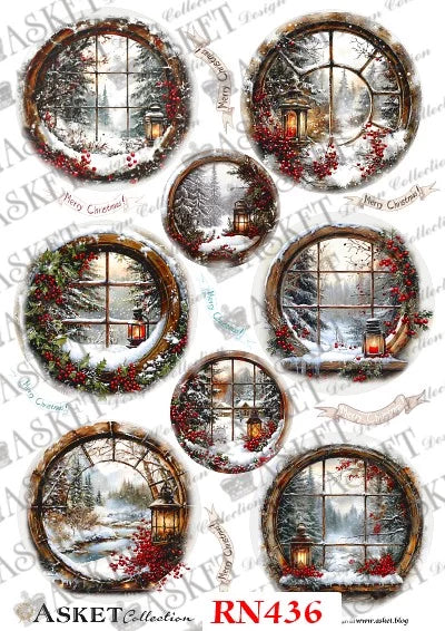 A sheet of multiple oval winter window illustrations with snowy landscapes, lanterns, wreaths, and red berries, shown on a white background with repeated watermark text and the product code RN436 at the bottom. Asket collection
