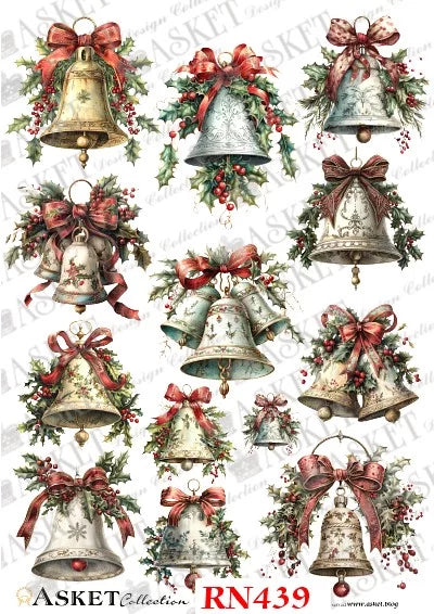 A sheet of vintage Christmas bell illustrations with multiple decorated bells, red bows, green holly, and berries on a white background. Text at the bottom reads 'ASKET Collection RN439'.