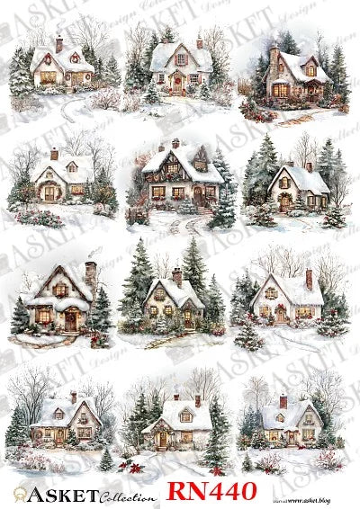 A collage of twelve watercolor-style winter cottage illustrations with snow-covered roofs, evergreen trees, and warm glowing windows, arranged on a white background with the text 'ASKET Collection RN440' at the bottom.