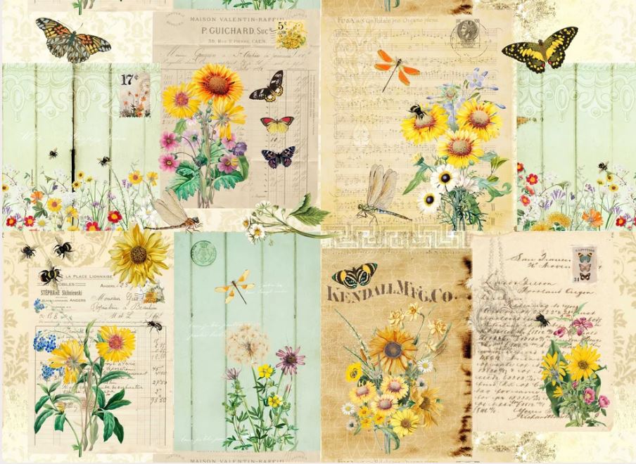 Collage of vintage-style paper with floral and butterfly designs. Roycycled papers