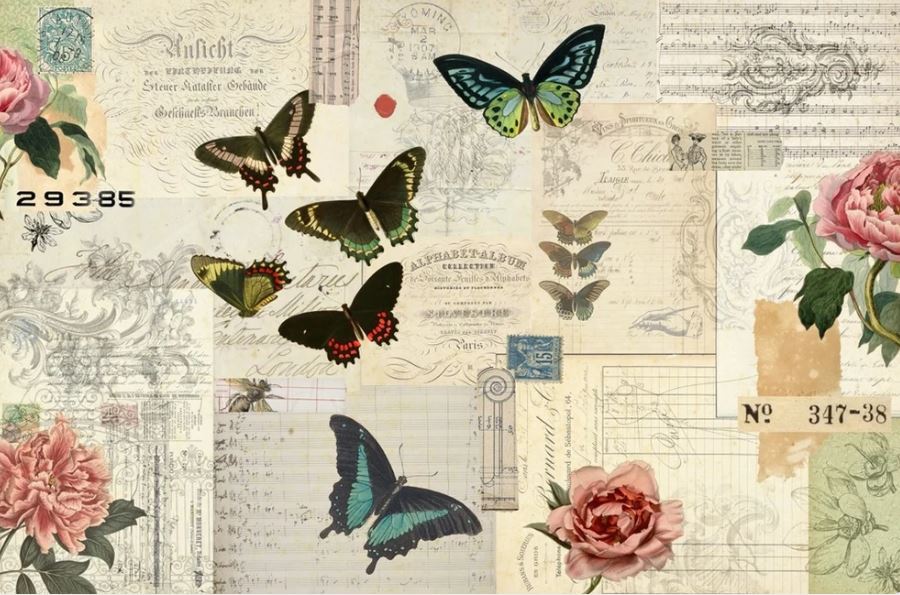 Vintage-style collage print featuring multiple butterflies and roses over aged paper, handwritten notes, stamps, and decorative illustrations. Roycycled papers
