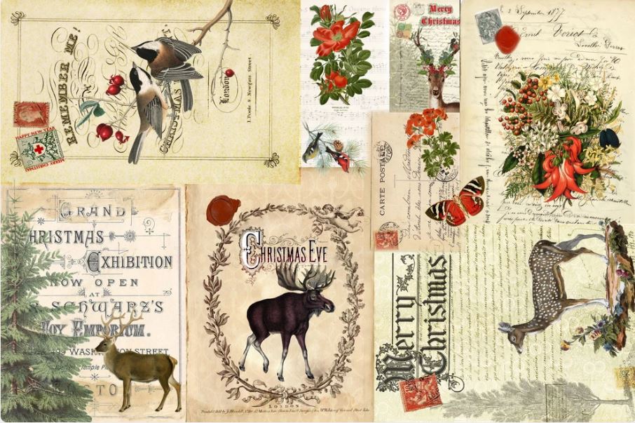 A collage of vintage Christmas-themed illustrations and postcard designs, including birds, moose, flowers, wreaths, holiday text, and antique-style printed elements on an aged cream background. Roycycled papers