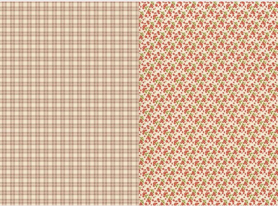Two wallpaper pattern swatches side by side: a beige and brown plaid pattern on the left, and a dense small floral print with red flowers and green leaves on a light background on the right. Roycycled papers