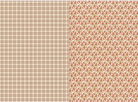Two wallpaper pattern swatches side by side: a beige and brown plaid pattern on the left, and a dense small floral print with red flowers and green leaves on a light background on the right. Roycycled papers