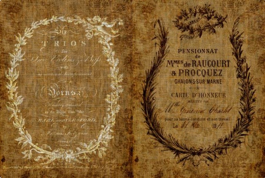 An antique-style printed card or invitation with French text, featuring decorative floral wreaths and aged tan-brown paper textures on both sides. Roycycled papers