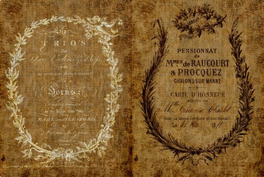 An antique-style printed card or invitation with French text, featuring decorative floral wreaths and aged tan-brown paper textures on both sides. Roycycled papers