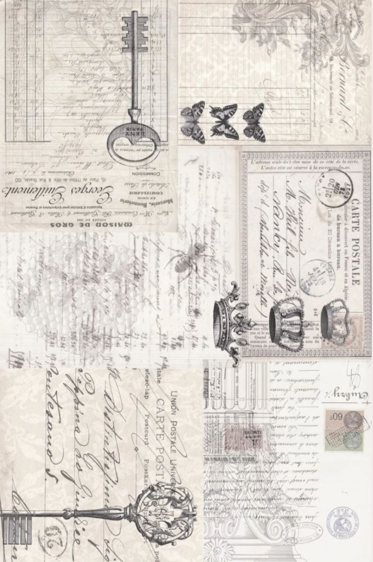Vintage-style collage print with antique French script, postcard elements, butterflies, a large skeleton key, stamps, and ornate illustrations in muted beige, gray, and brown tones. Roycycled papers