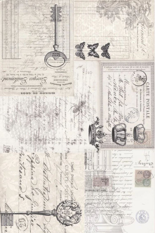 Vintage-style collage print with antique French script, postcard elements, butterflies, a large skeleton key, stamps, and ornate illustrations in muted beige, gray, and brown tones. Roycycled papers