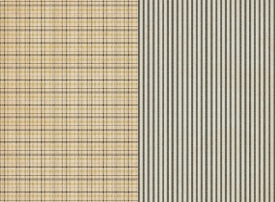 Two fabric or material swatches shown side by side: the left panel has a beige plaid pattern with thin dark lines, and the right panel has narrow vertical stripes in beige, gray, and black. Roycycled papers