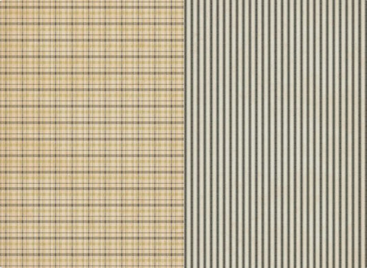 Two fabric or material swatches shown side by side: the left panel has a beige plaid pattern with thin dark lines, and the right panel has narrow vertical stripes in beige, gray, and black. Roycycled papers